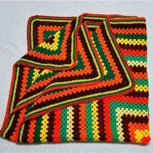 VINTAGE 50s Mid-Century Autumn Fall Granny Square Throw Afghan Blanket Handmade